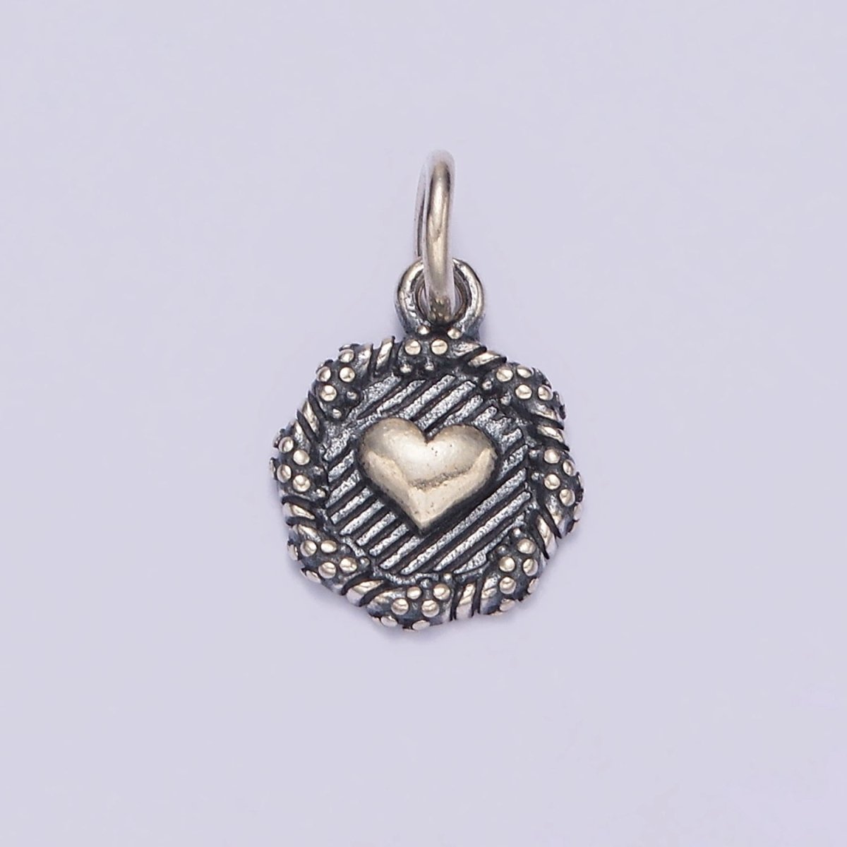 S925 Sterling Silver Heart Line-Textured Dot Braided Round Stamped Charm | SL-356