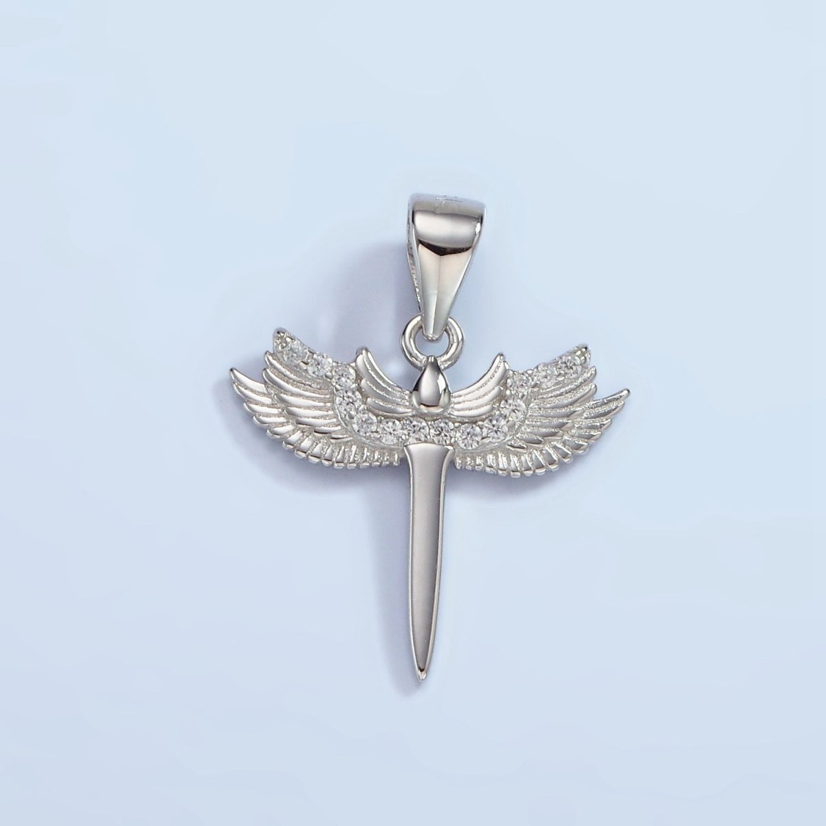 S925 Sterling Silver Micro Paved CZ Feather Wings Sword Pendant | SL-461