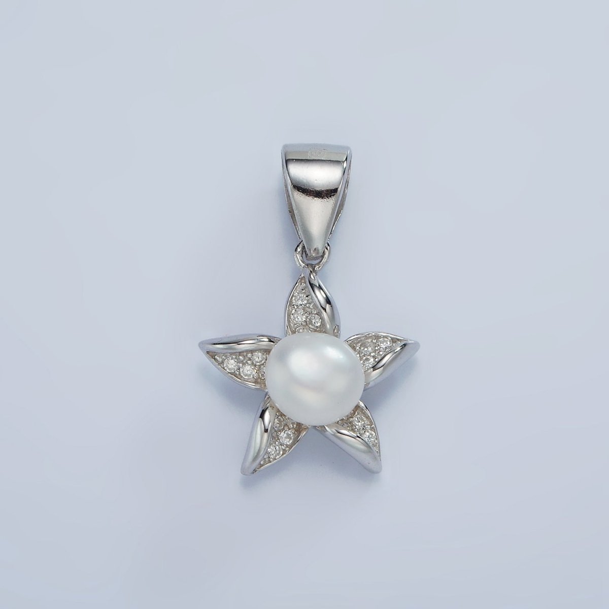 S925 Sterling Silver Pearl Micro Paved Celestial Star Flower Pendant | SL-442