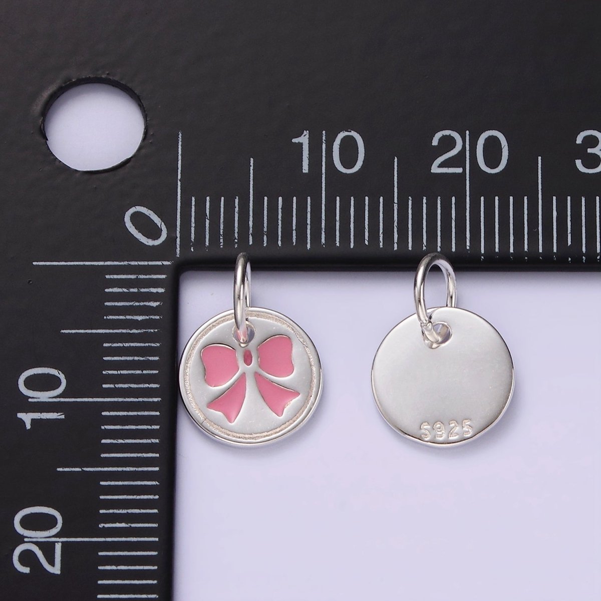 S925 Sterling Silver Pink Bow Ribbon Enamel Mini Round Charm | SL-433