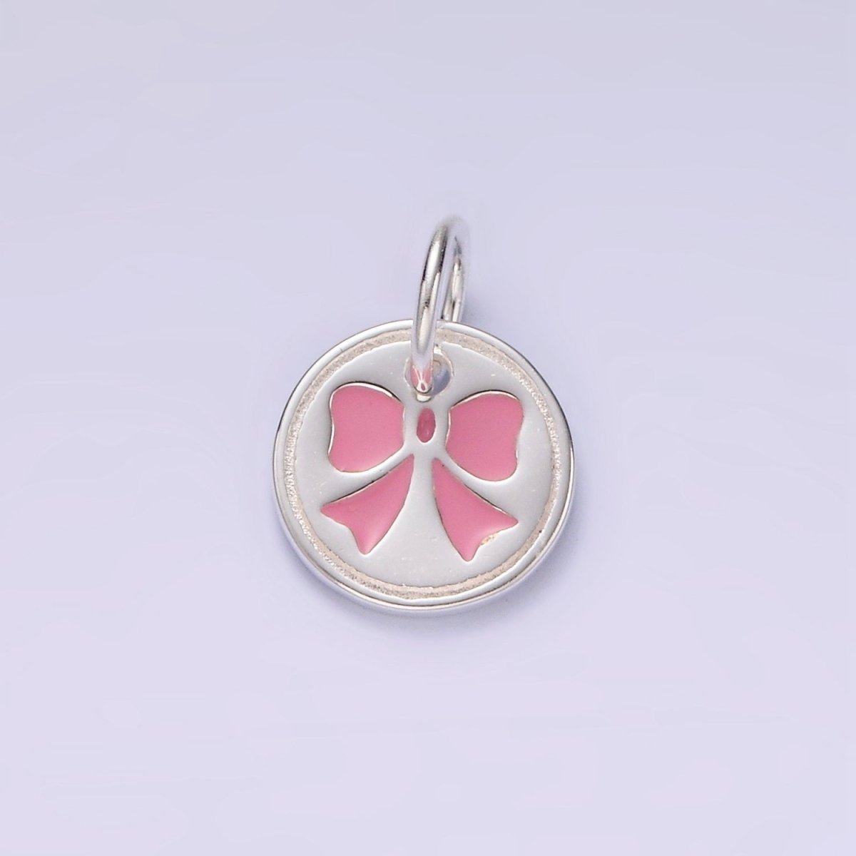 S925 Sterling Silver Pink Bow Ribbon Enamel Mini Round Charm | SL-433