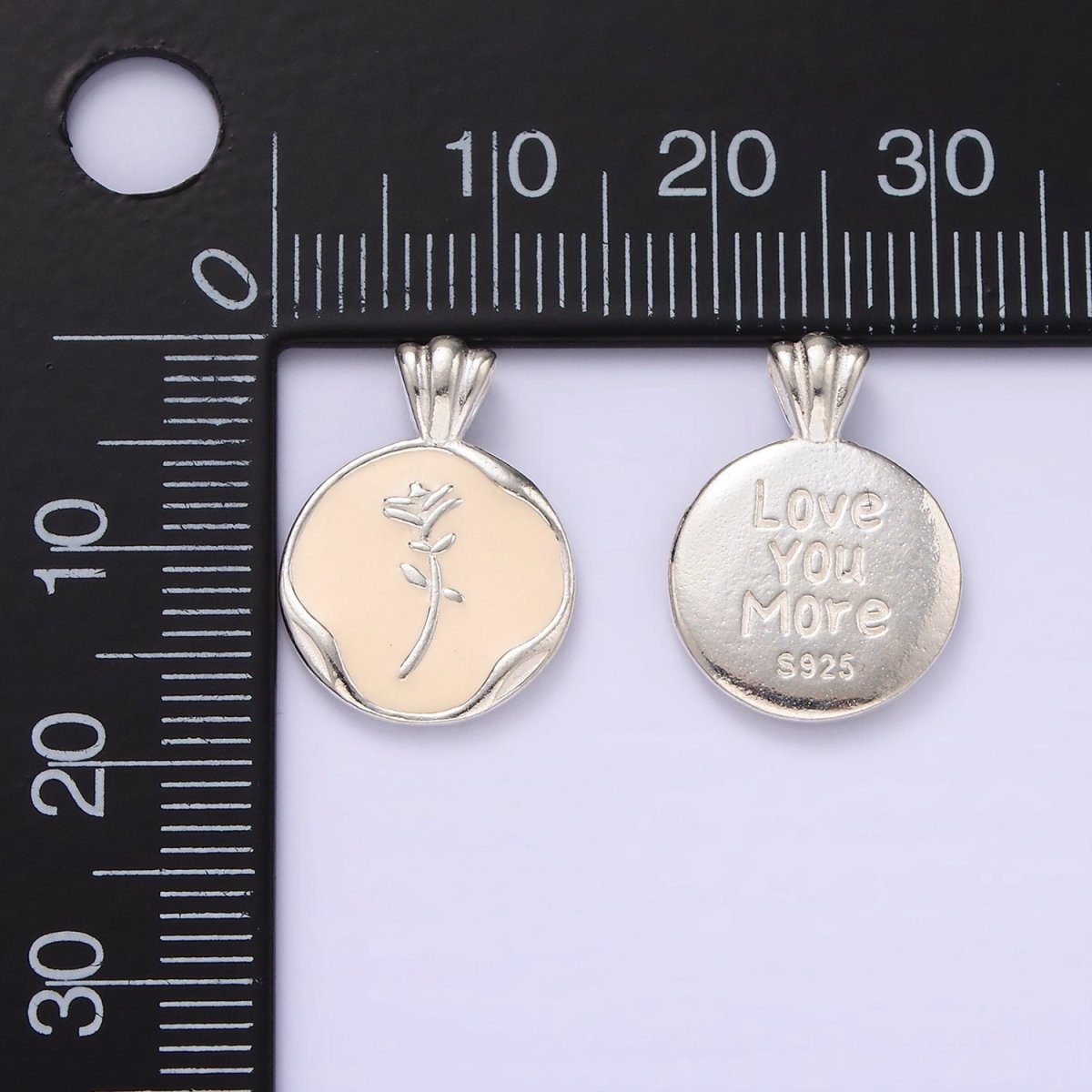S925 Sterling Silver Rose Flower White Enamel "Love You More" Script Stamped Round Pendant | SL-419