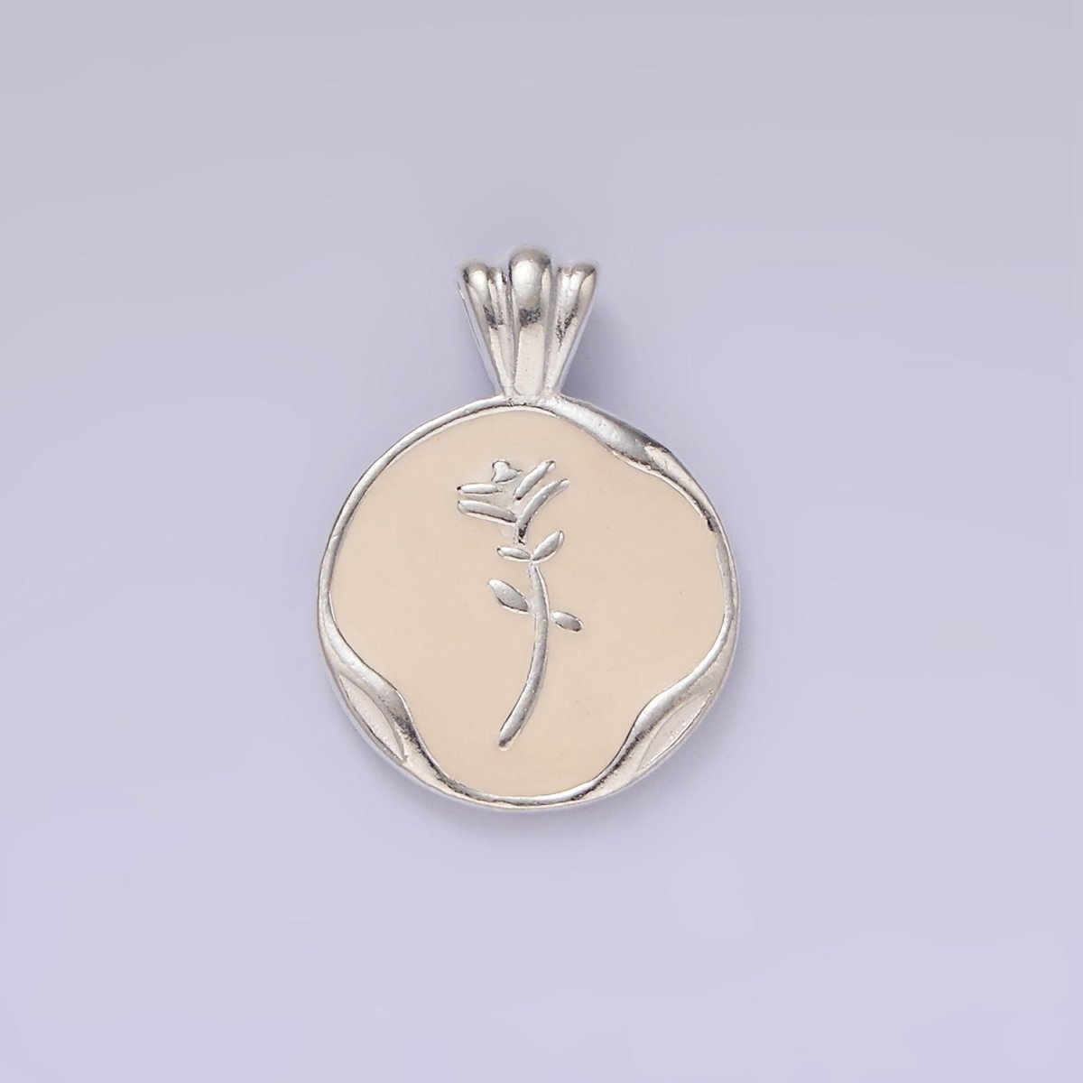 S925 Sterling Silver Rose Flower White Enamel "Love You More" Script Stamped Round Pendant | SL-419