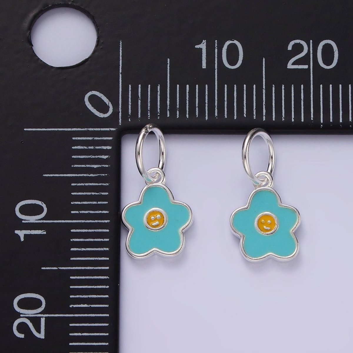 S925 Sterling Silver Smiley Face Flower Blue Enamel Charm | SL-421