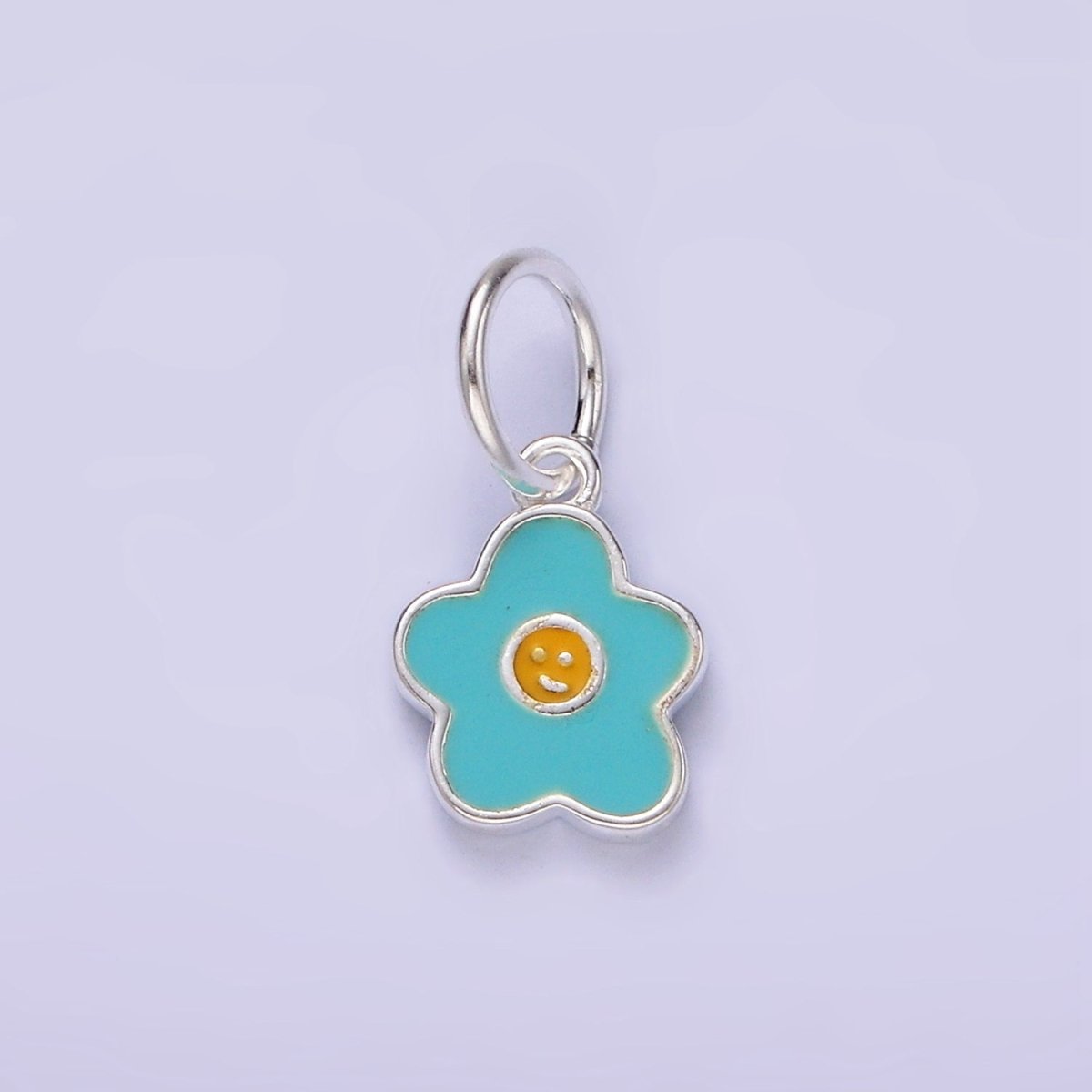 S925 Sterling Silver Smiley Face Flower Blue Enamel Charm | SL-421