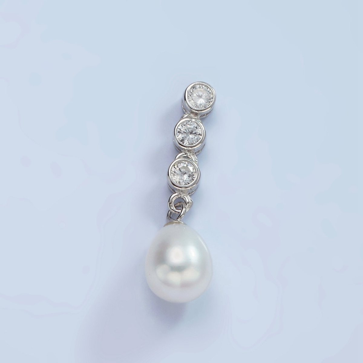 S925 Sterling Silver White Shell Pearl Drop Triple CZ Bezel Bail Pendant | SL-443