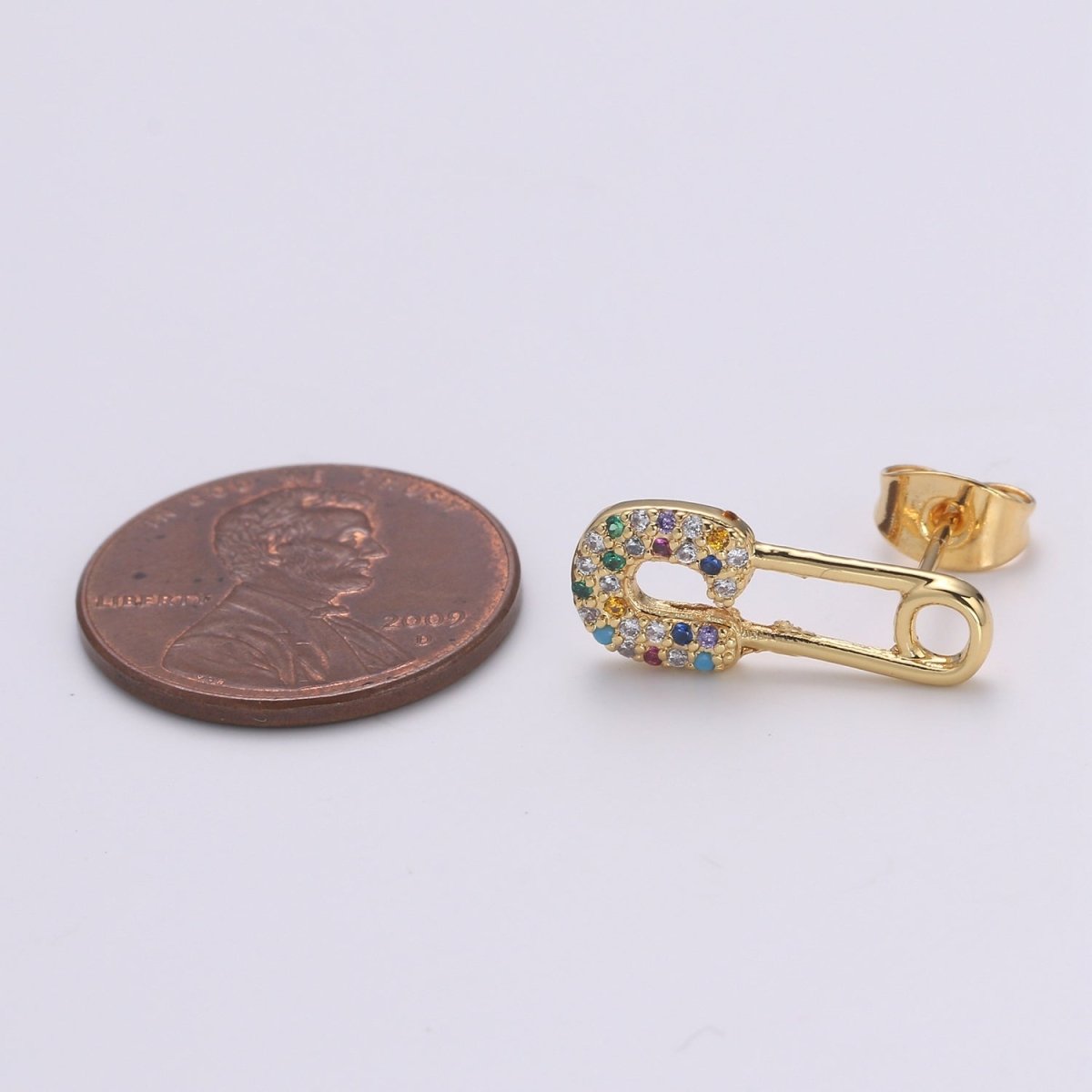 Safety Pin Earring 24K Gold Multi Color Pave Cz Stud Earring, Chunky Stud Design Earring, Q-512
