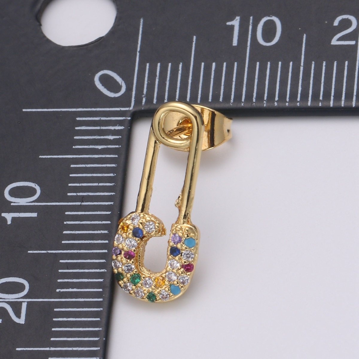 Safety Pin Earring 24K Gold Multi Color Pave Cz Stud Earring, Chunky Stud Design Earring, Q-512