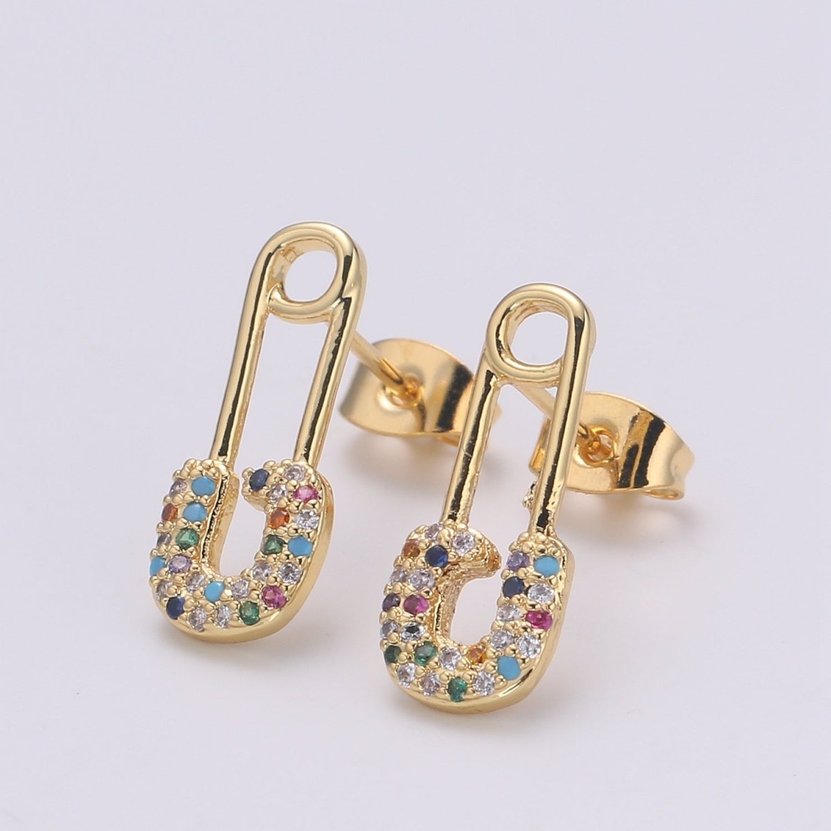 Safety Pin Earring 24K Gold Multi Color Pave Cz Stud Earring, Chunky Stud Design Earring, Q-512