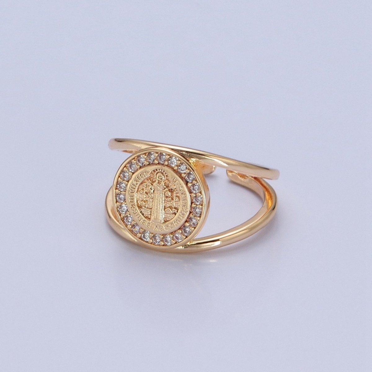 Saint Benedict Ring Gold Statement Religious Jewelry Open Adjustable Ring O-746