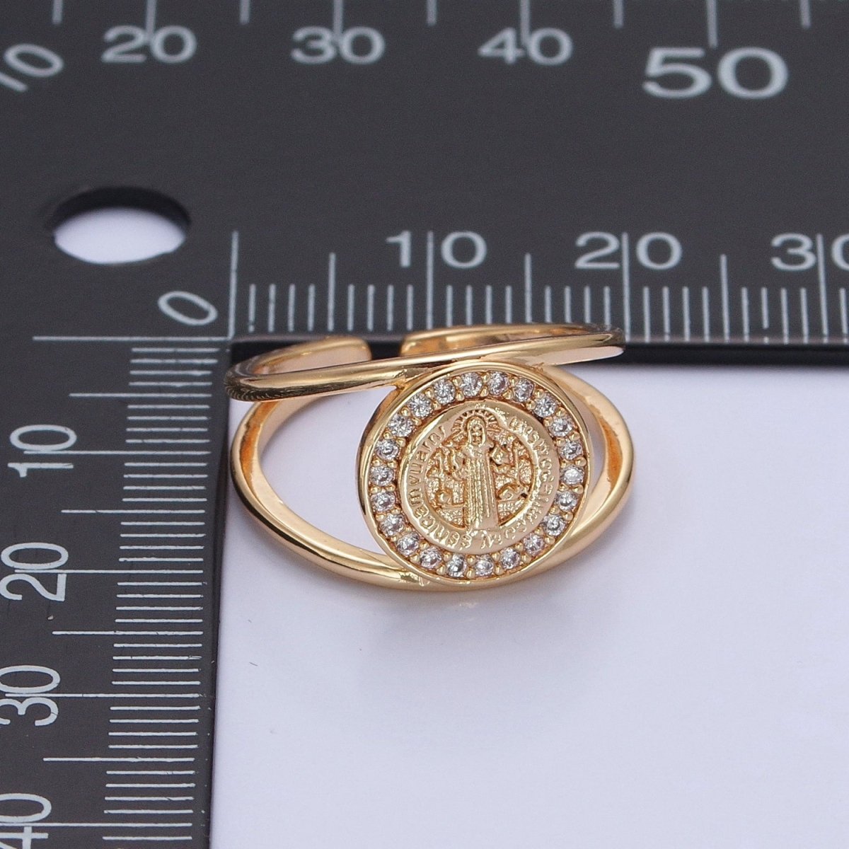 Saint Benedict Ring Gold Statement Religious Jewelry Open Adjustable Ring O-746
