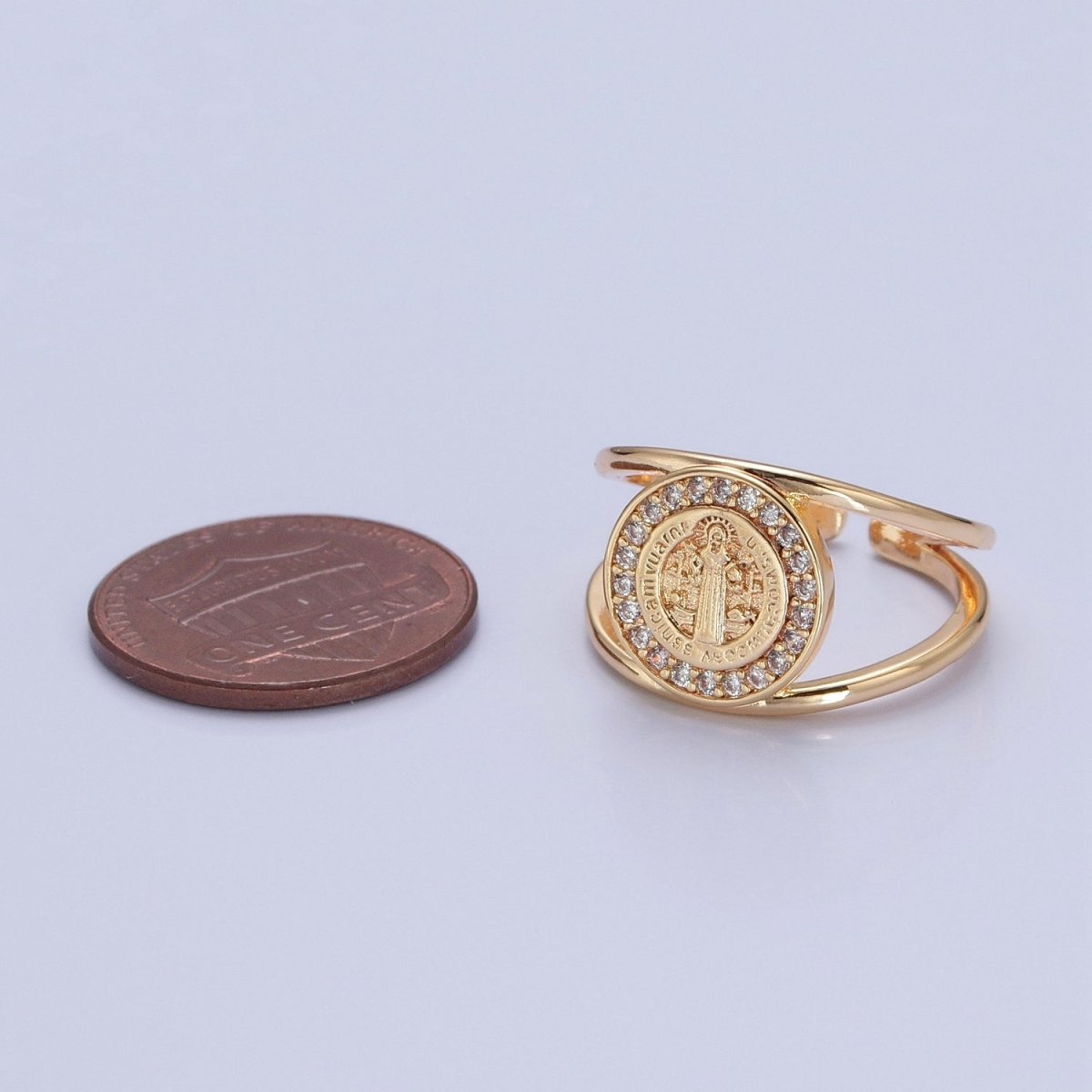 Saint Benedict Ring Gold Statement Religious Jewelry Open Adjustable Ring O-746