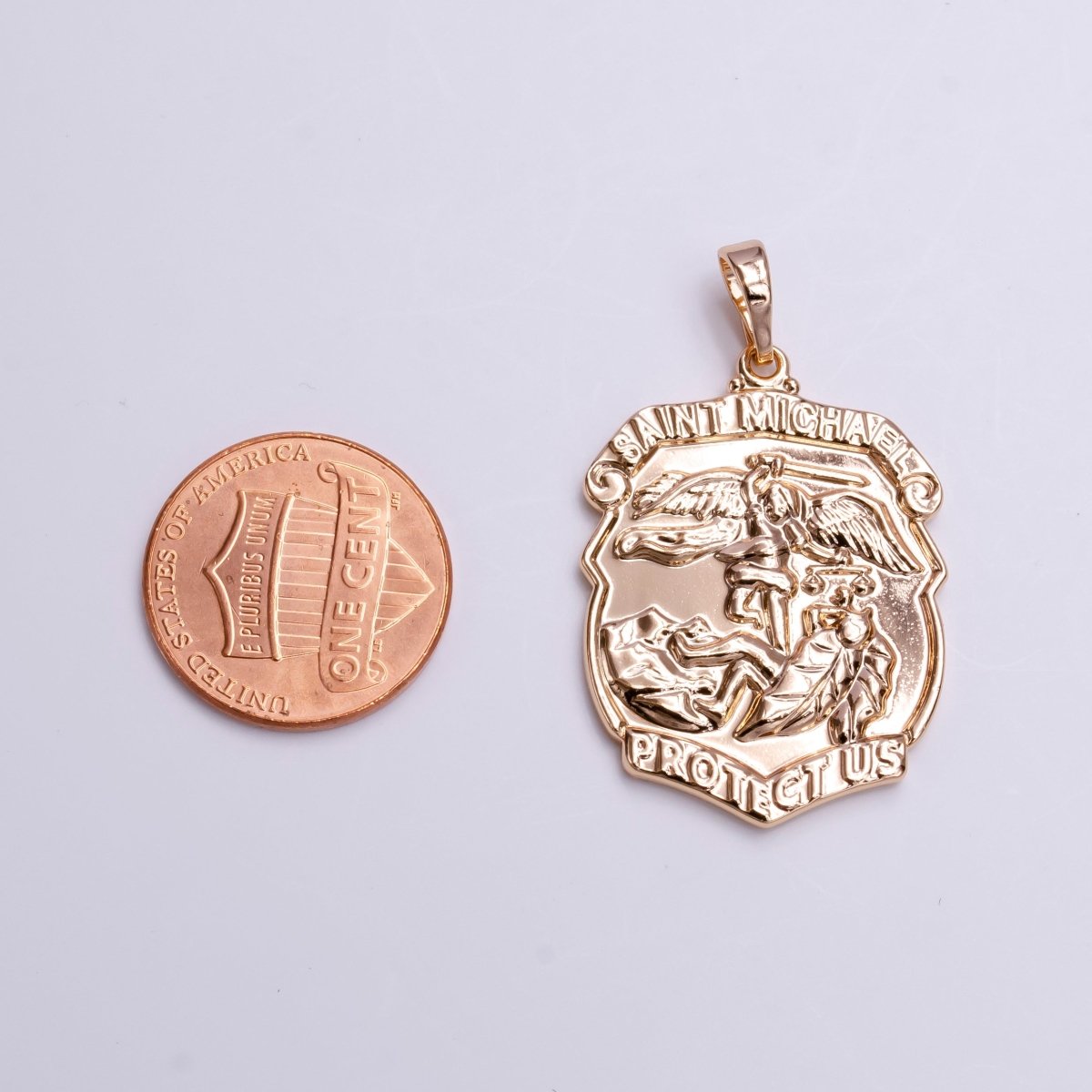 Saint Michael Protect Us Prayer Engraved Double Sided Rosey Gold Medallion Pendant | AA396