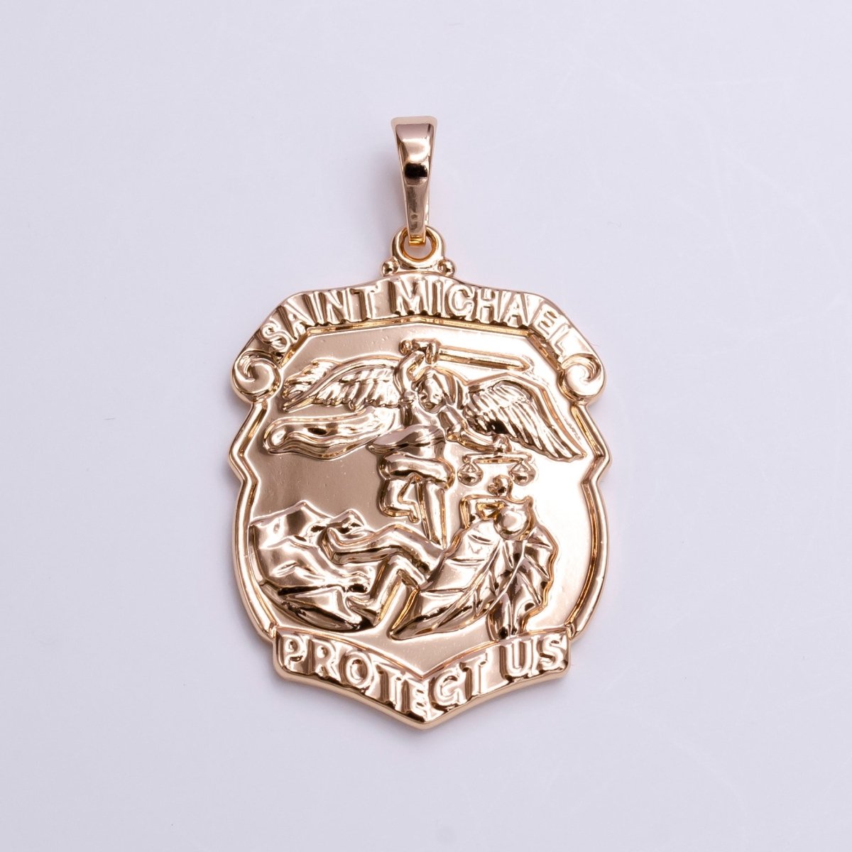Saint Michael Protect Us Prayer Engraved Double Sided Rosey Gold Medallion Pendant | AA396