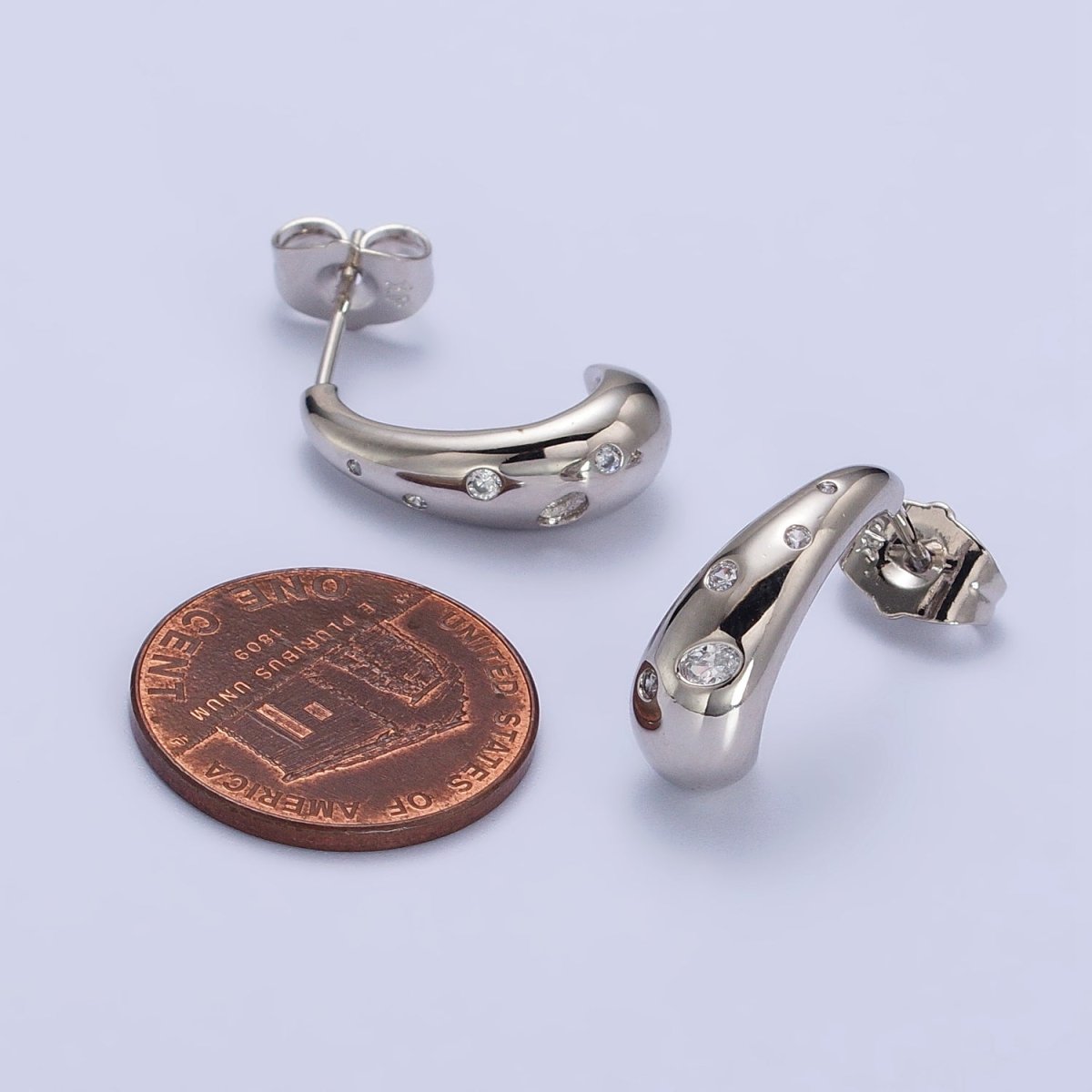Silver Chubby Drip Drop CZ Dotted J-Shaped Geometric Hoop Earrings | AB431