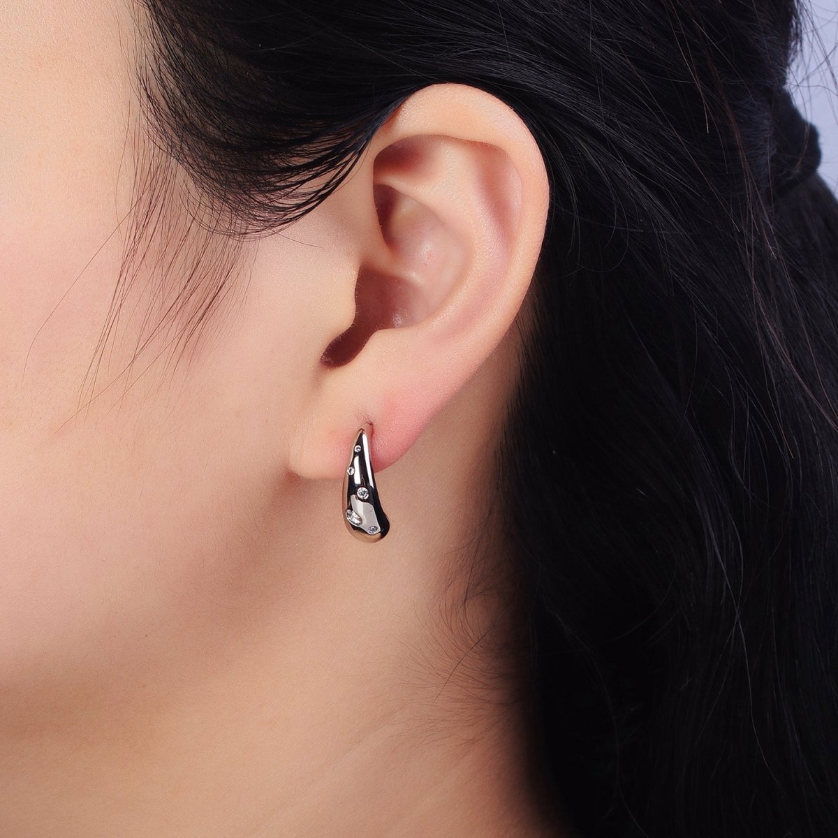 Silver Chubby Drip Drop CZ Dotted J-Shaped Geometric Hoop Earrings | AB431