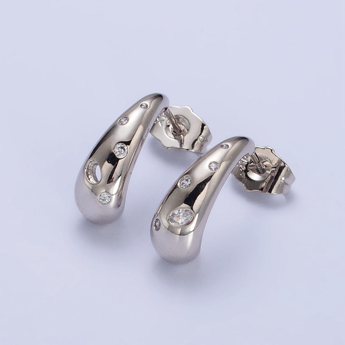 Silver Chubby Drip Drop CZ Dotted J-Shaped Geometric Hoop Earrings | AB431