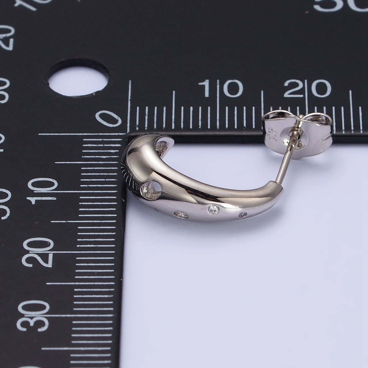 Silver Chubby Drip Drop CZ Dotted J-Shaped Geometric Hoop Earrings | AB431