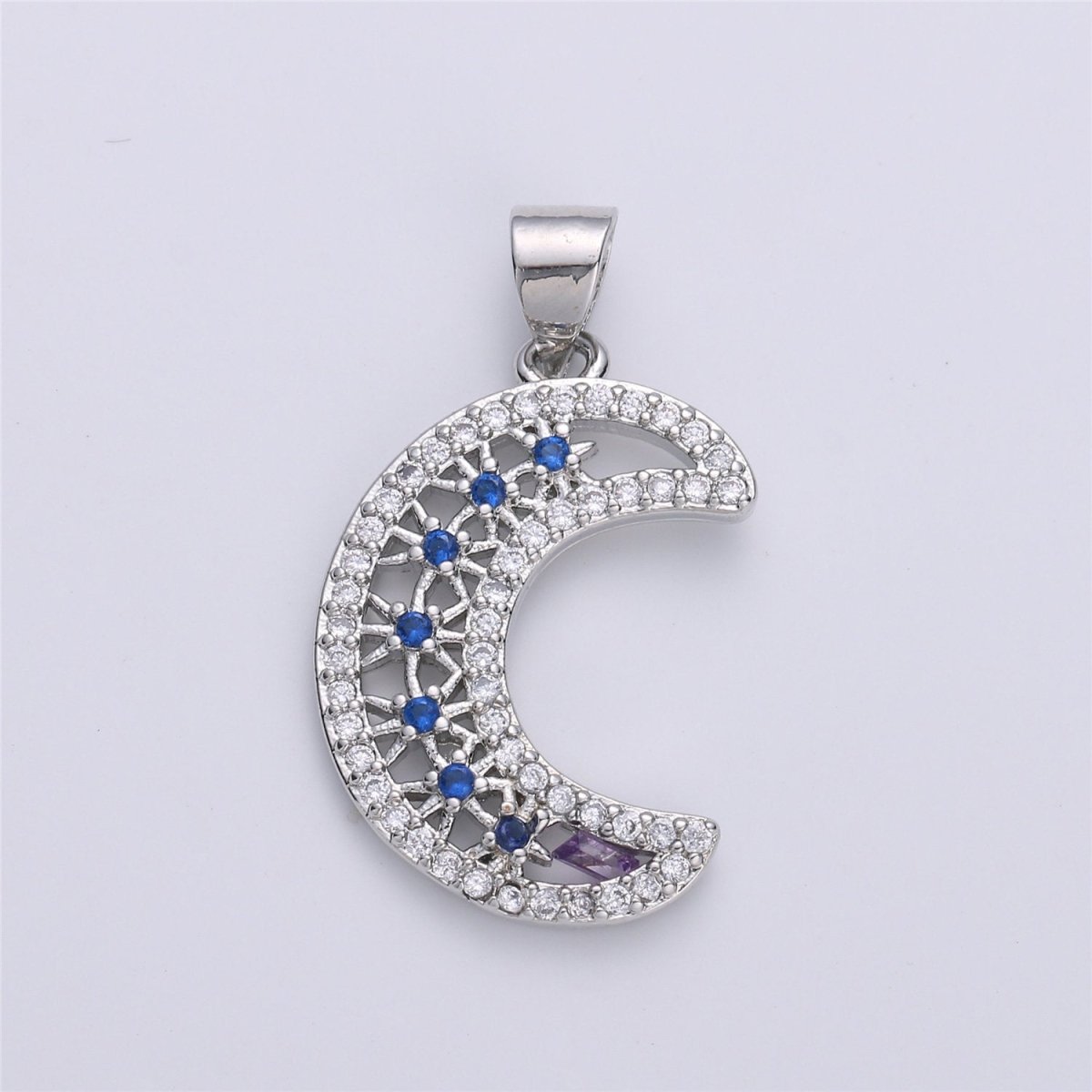 Silver Crescent Moon Charms, Micro Pave Charms, Cubic Moon Pendant, CZ Celestial Jewelry Necklace Bracelet Componen I-608