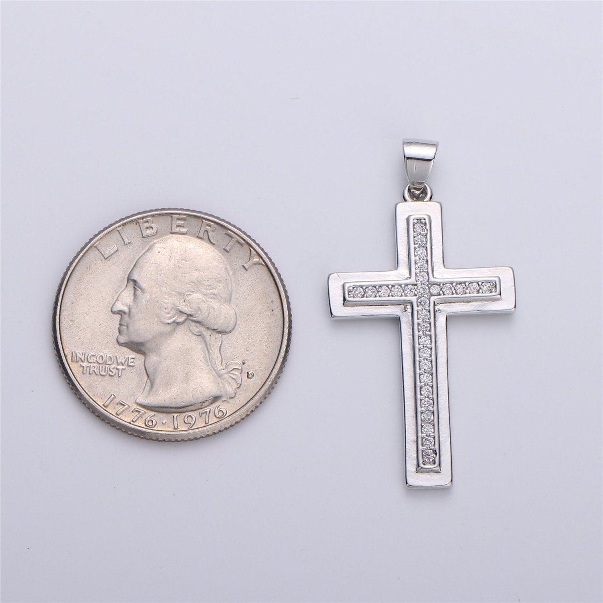 Silver Cross CZ Micro Pave Cross Pendant Charm, Cubic Zirconia Focal Cross Pendant, Necklace Charm Religious Jewelry 37x20mm I-609