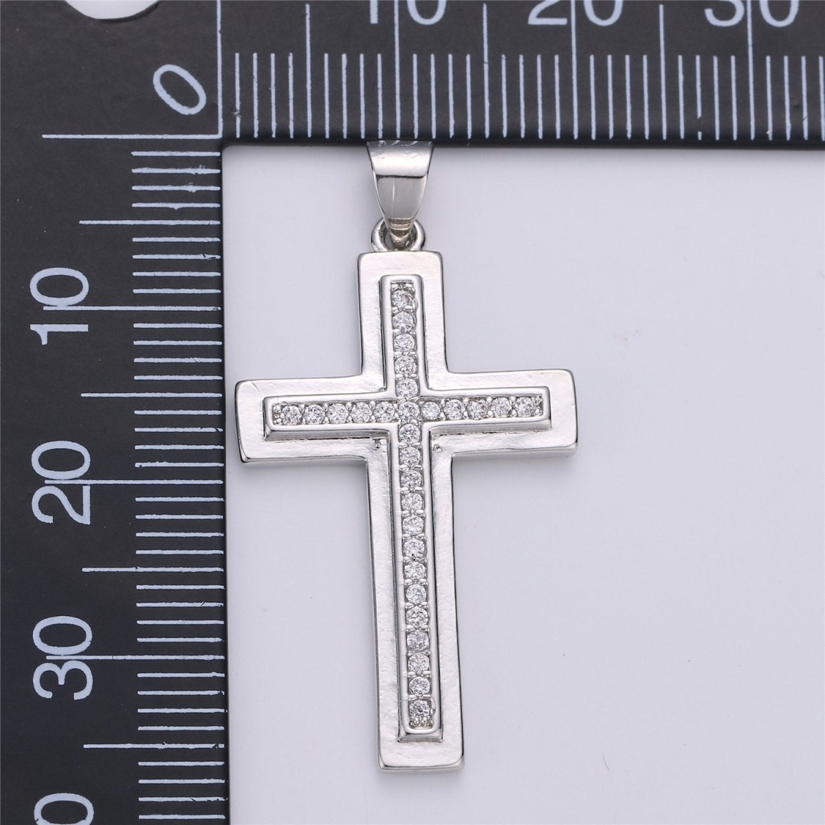 Silver Cross CZ Micro Pave Cross Pendant Charm, Cubic Zirconia Focal Cross Pendant, Necklace Charm Religious Jewelry 37x20mm I-609
