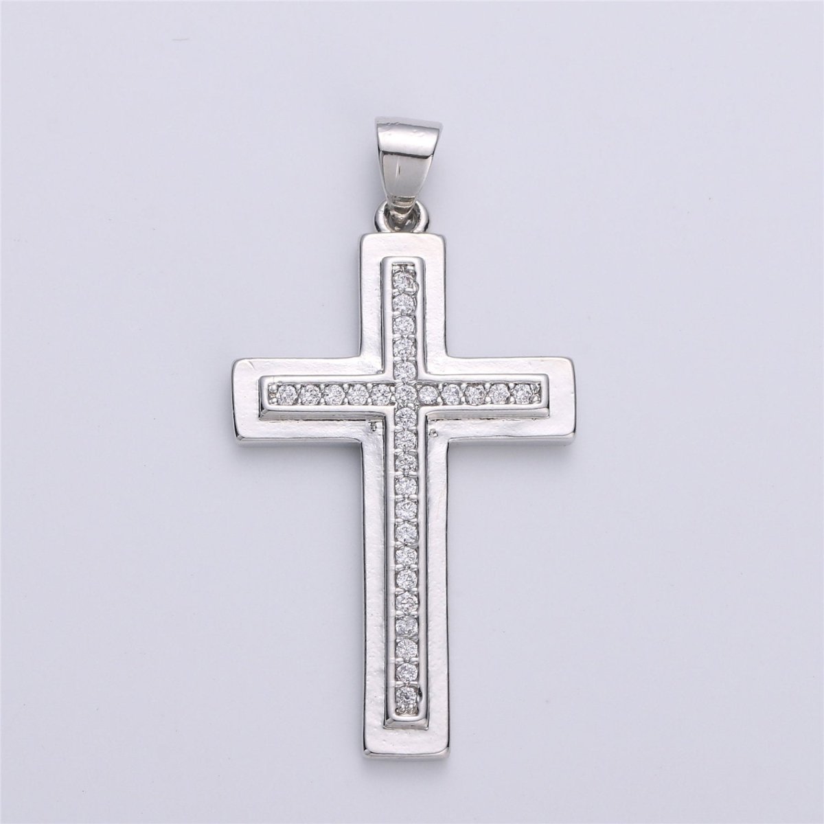 Silver Cross CZ Micro Pave Cross Pendant Charm, Cubic Zirconia Focal Cross Pendant, Necklace Charm Religious Jewelry 37x20mm I-609