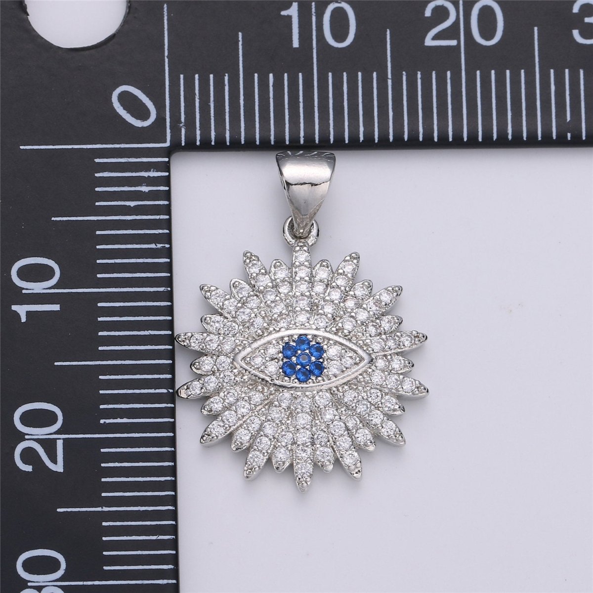 Silver Evil Eye Charm Round Disc Evil Eye Pendant, Cubic Medallion Coin Charm, Religious Charm, Micro Pave Sunburst Charm talisman Jewelry I-605