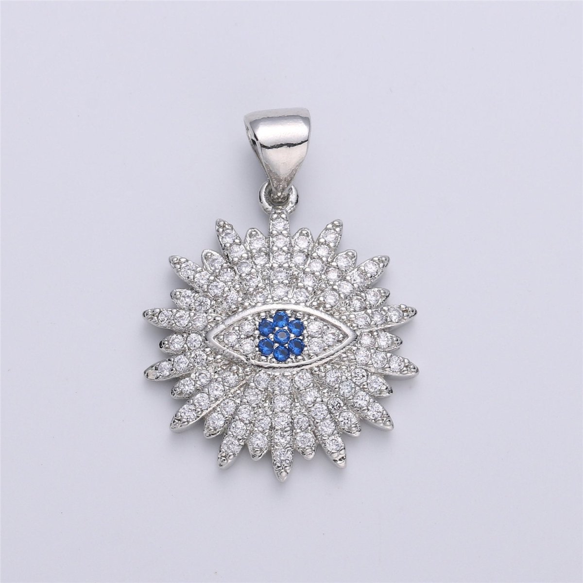 Silver Evil Eye Charm Round Disc Evil Eye Pendant, Cubic Medallion Coin Charm, Religious Charm, Micro Pave Sunburst Charm talisman Jewelry I-605
