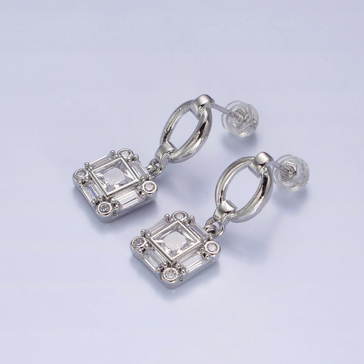 Silver, Gold Clear Square Baguette CZ Drop Dangle Oval Stud Earrings | AB569 AB571