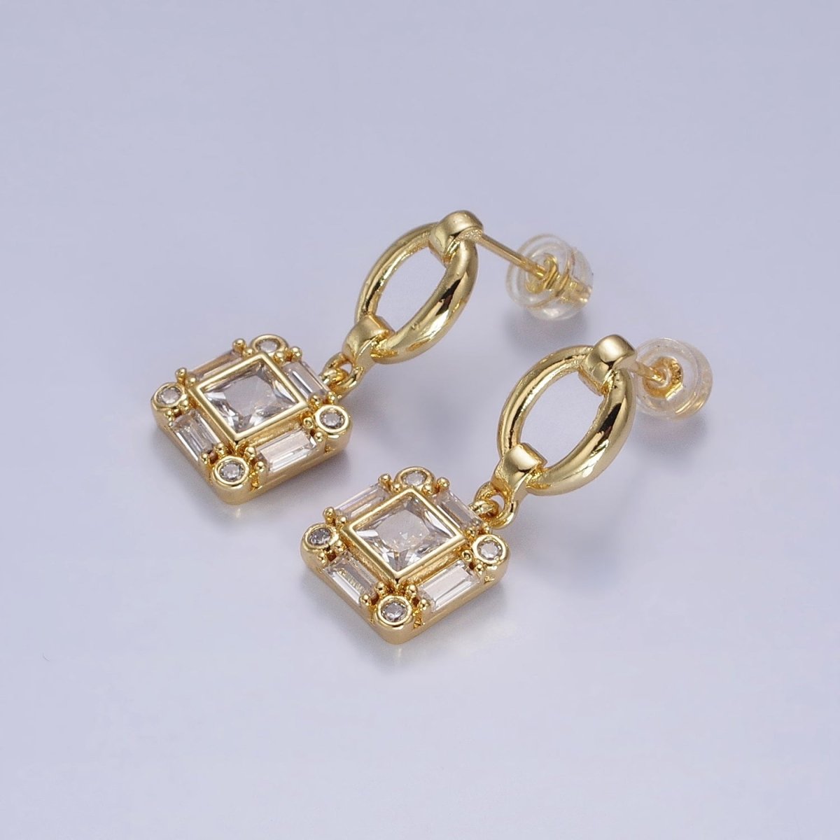 Silver, Gold Clear Square Baguette CZ Drop Dangle Oval Stud Earrings | AB569 AB571