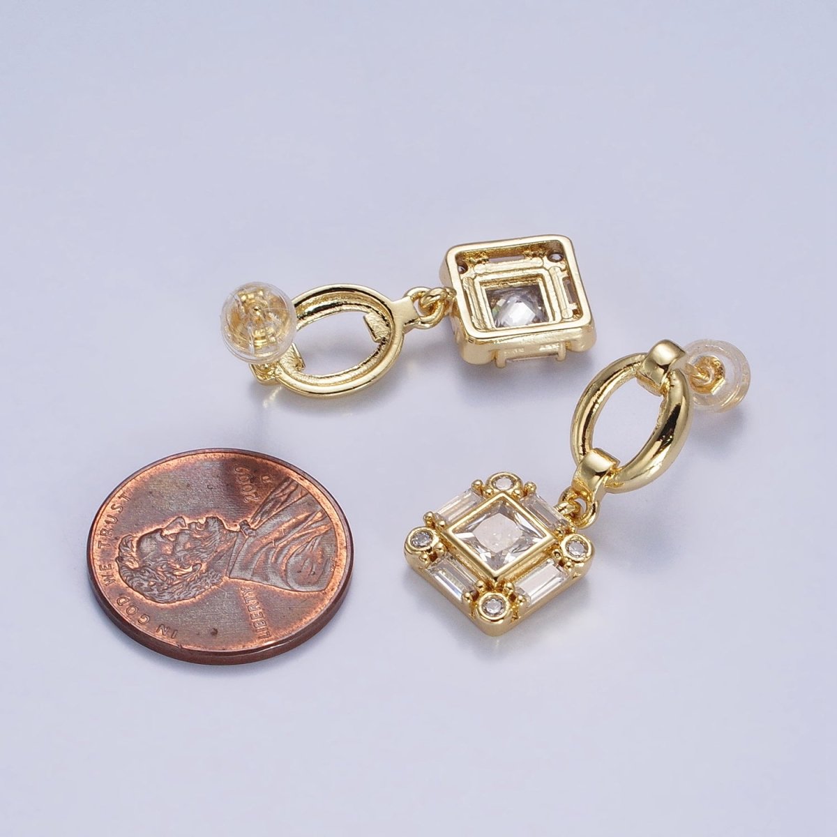 Silver, Gold Clear Square Baguette CZ Drop Dangle Oval Stud Earrings | AB569 AB571