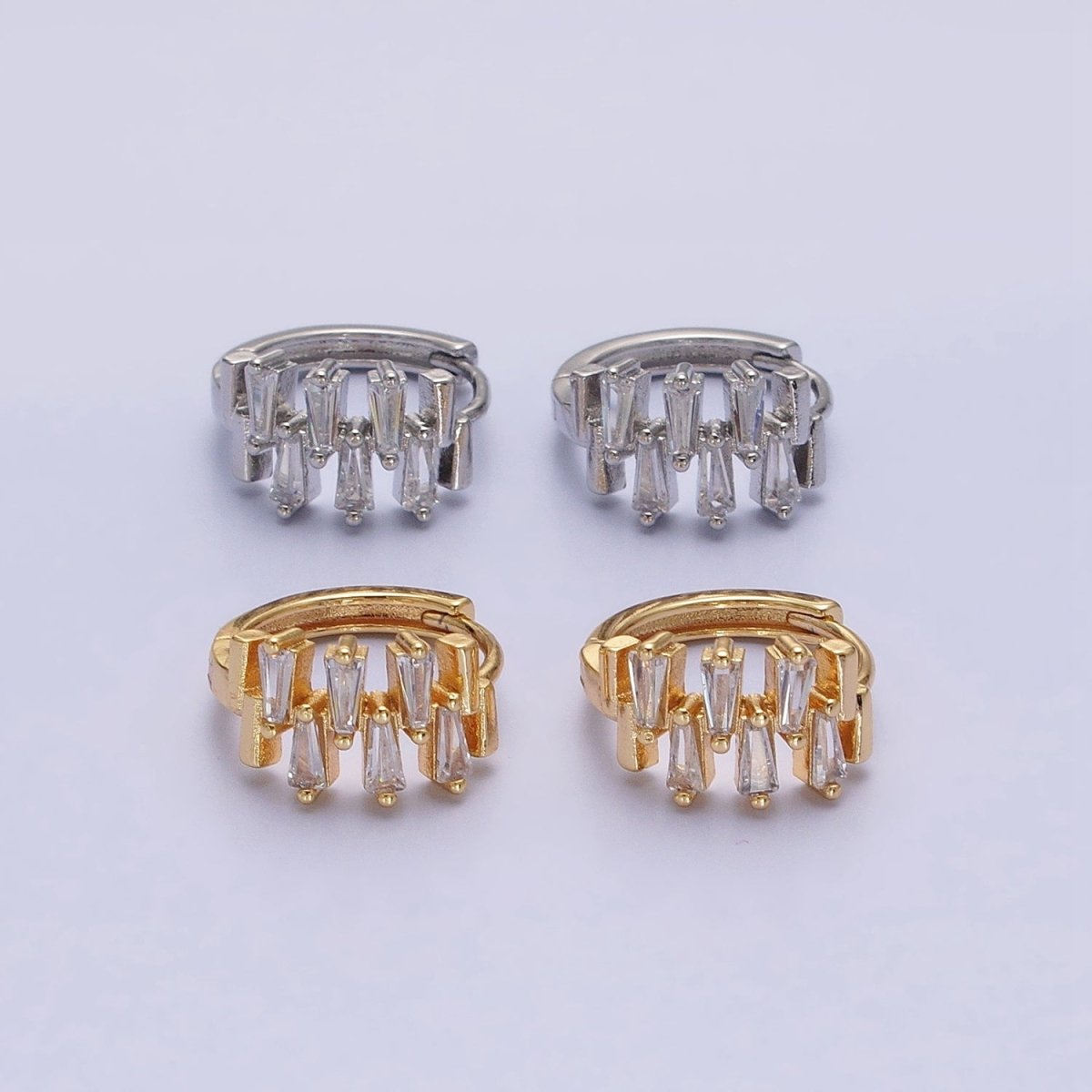 Silver, Gold Double Clear Baguette Lined 15mm Huggie Earrings | AB1091 AD789