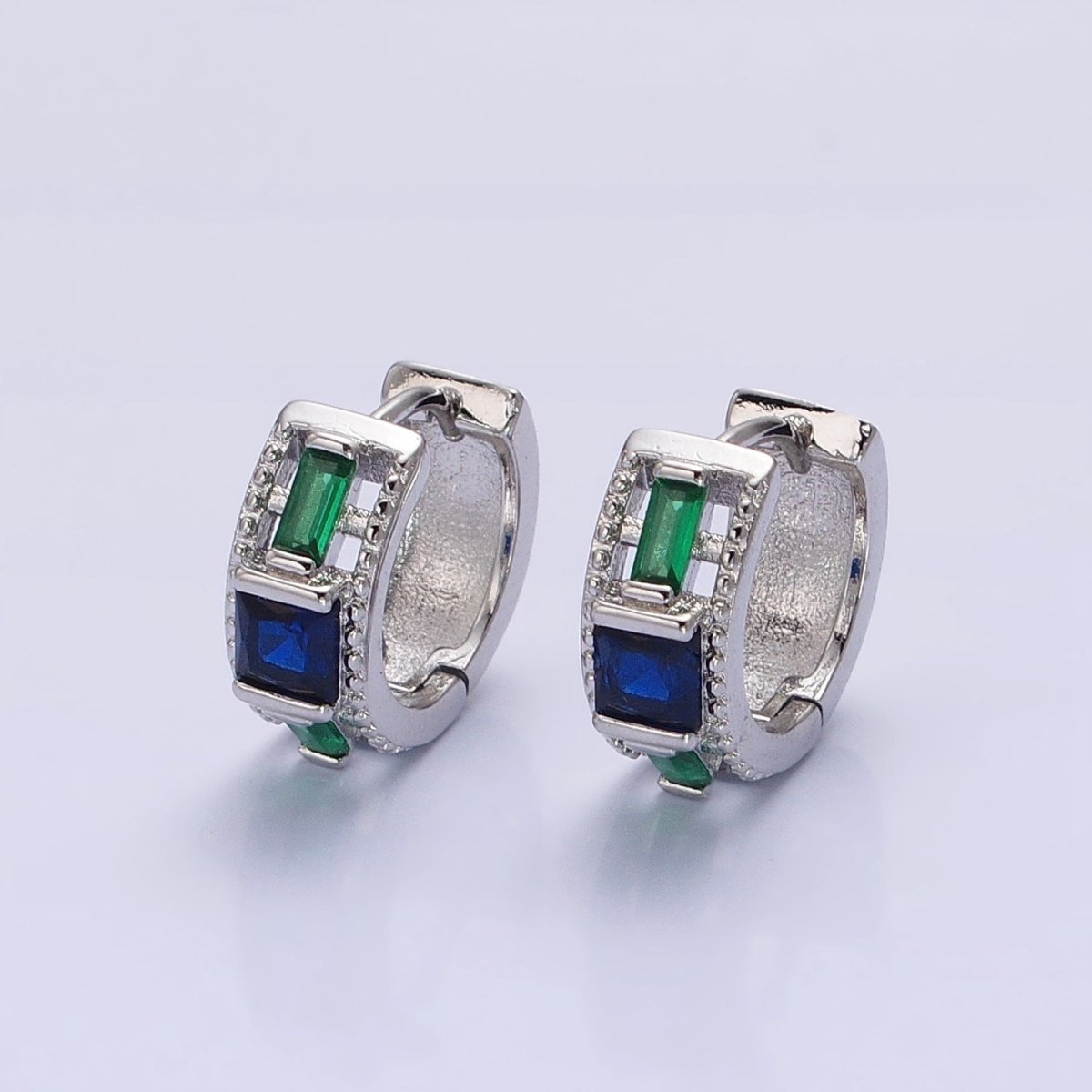 Silver, Gold Green Baguette Blue Square CZ Lined Wide 13.5mm Huggie Earrings | AB804 AB822
