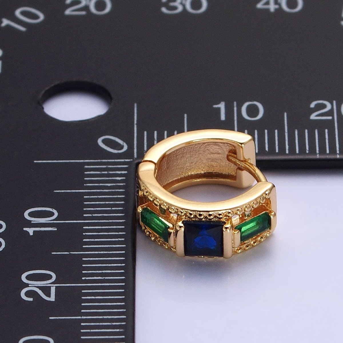Silver, Gold Green Baguette Blue Square CZ Lined Wide 13.5mm Huggie Earrings | AB804 AB822