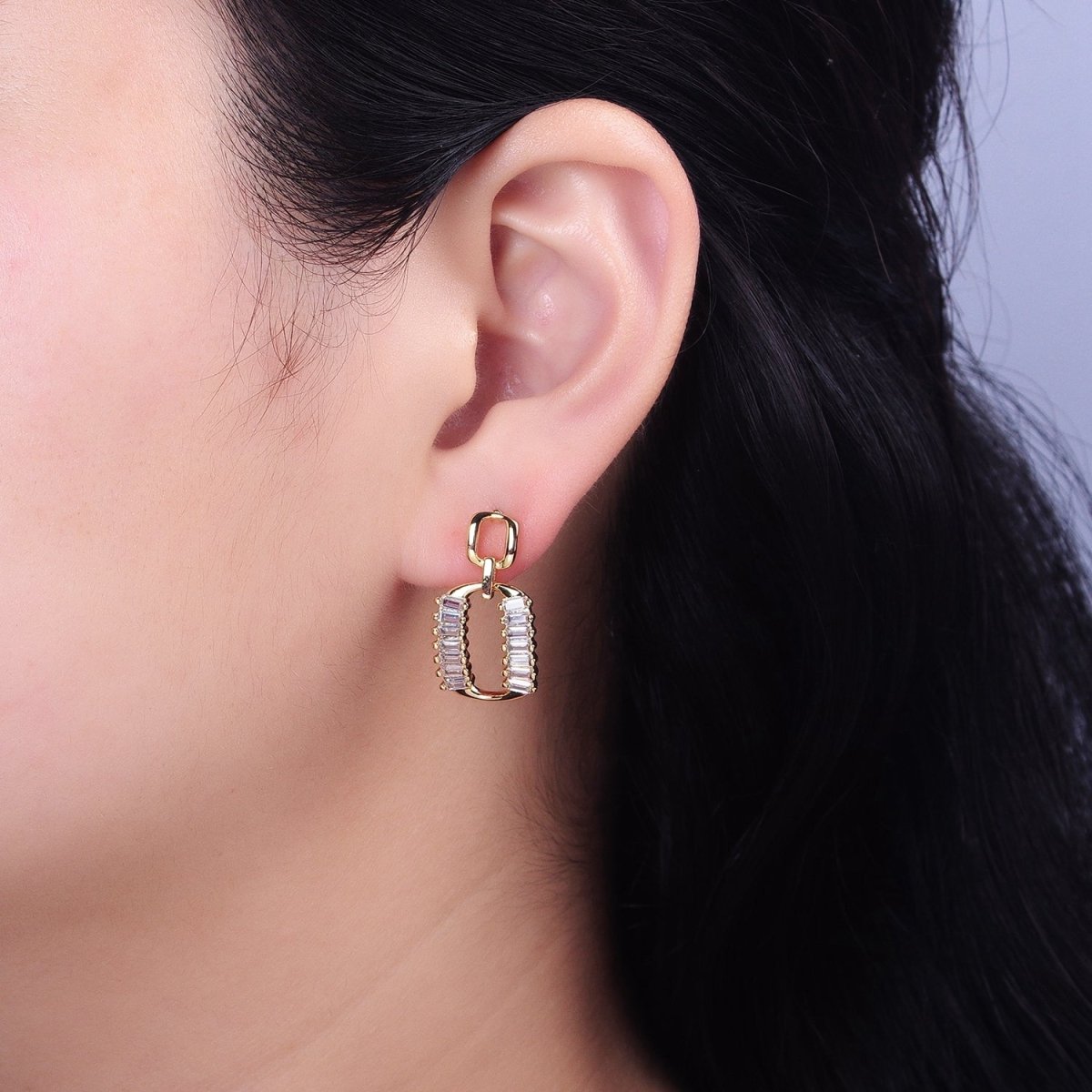 Silver, Gold Rectangular Baguette Lined Oblong Drop Stud Earrings | AB891 AB908