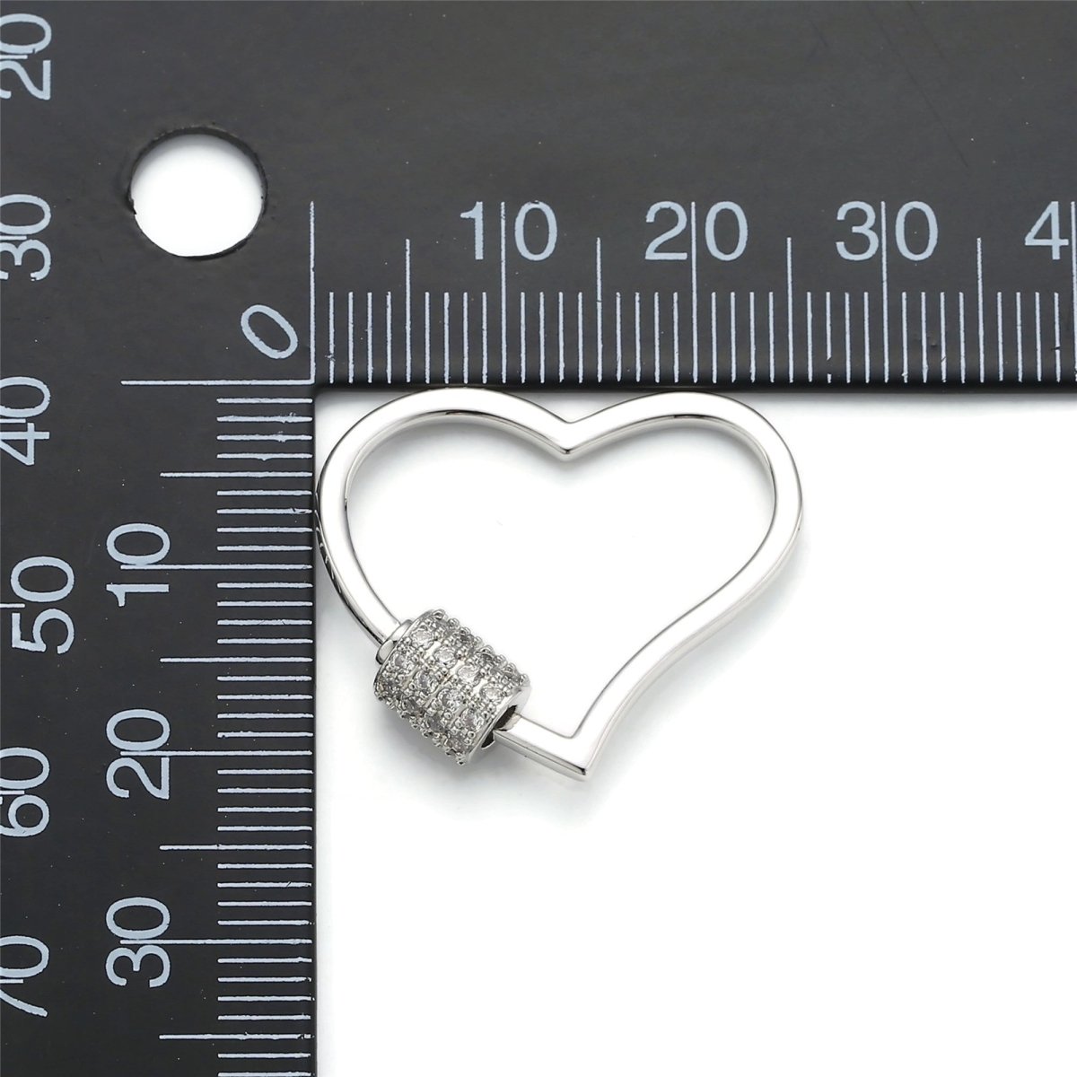 Silver Heart Carabiner, Circle Screw Clasp with Pave Cubic Zirconia Rhinestones K-129