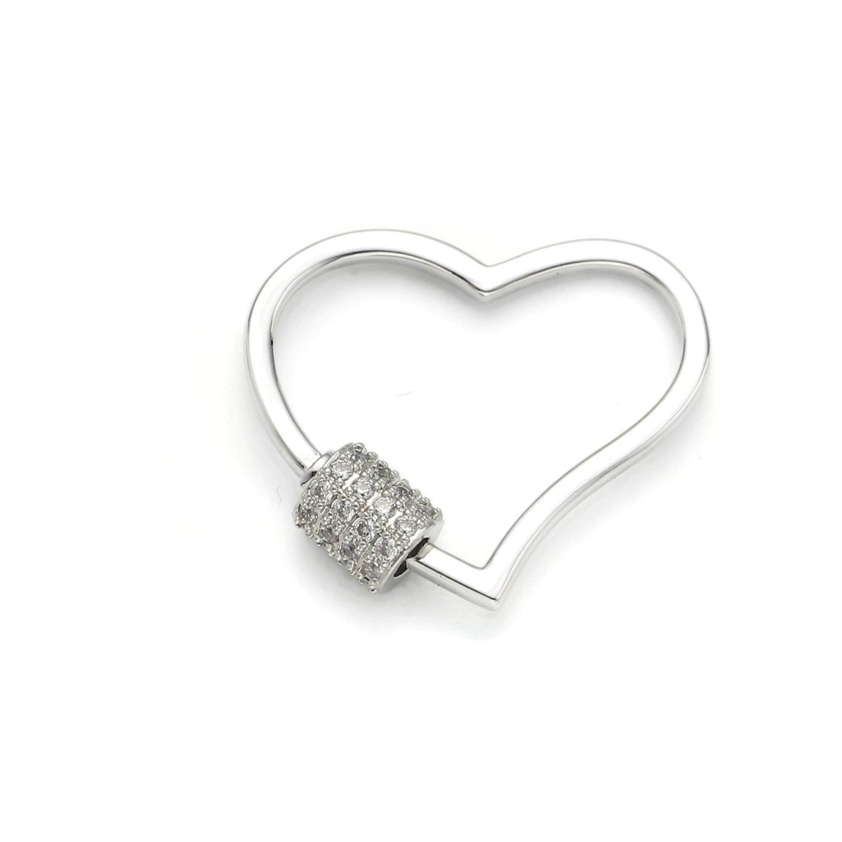 Silver Heart Carabiner, Circle Screw Clasp with Pave Cubic Zirconia Rhinestones K-129