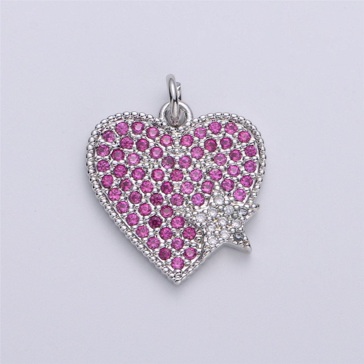 Silver Heart Charm Micro Pave Heart Charm Magenta Heart Charm For Necklace Bracelet Earring Component D-010