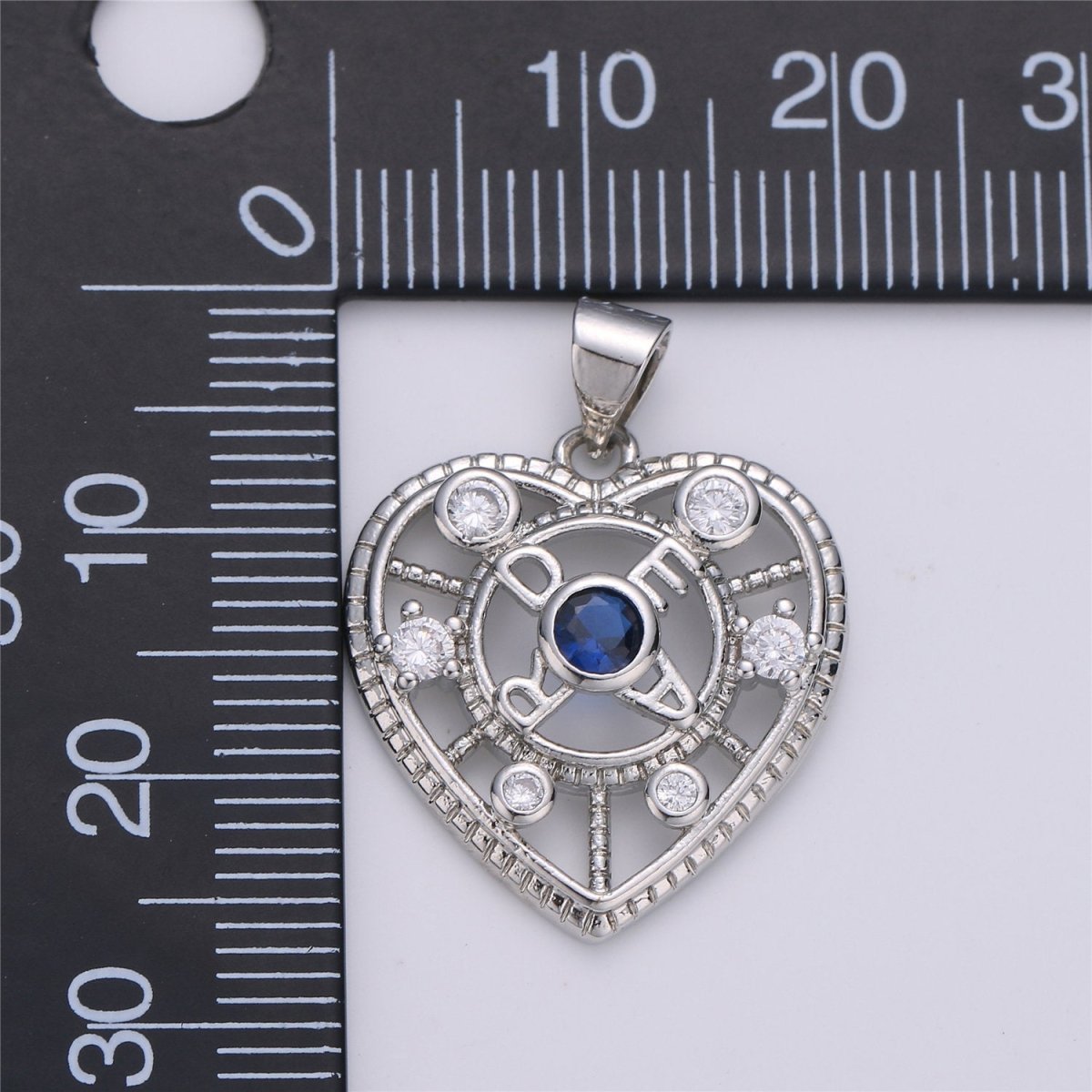 Silver Heart Charm, Micro Pave Pendant, Sapphire blue CZ Love Jewelry Supply I-606