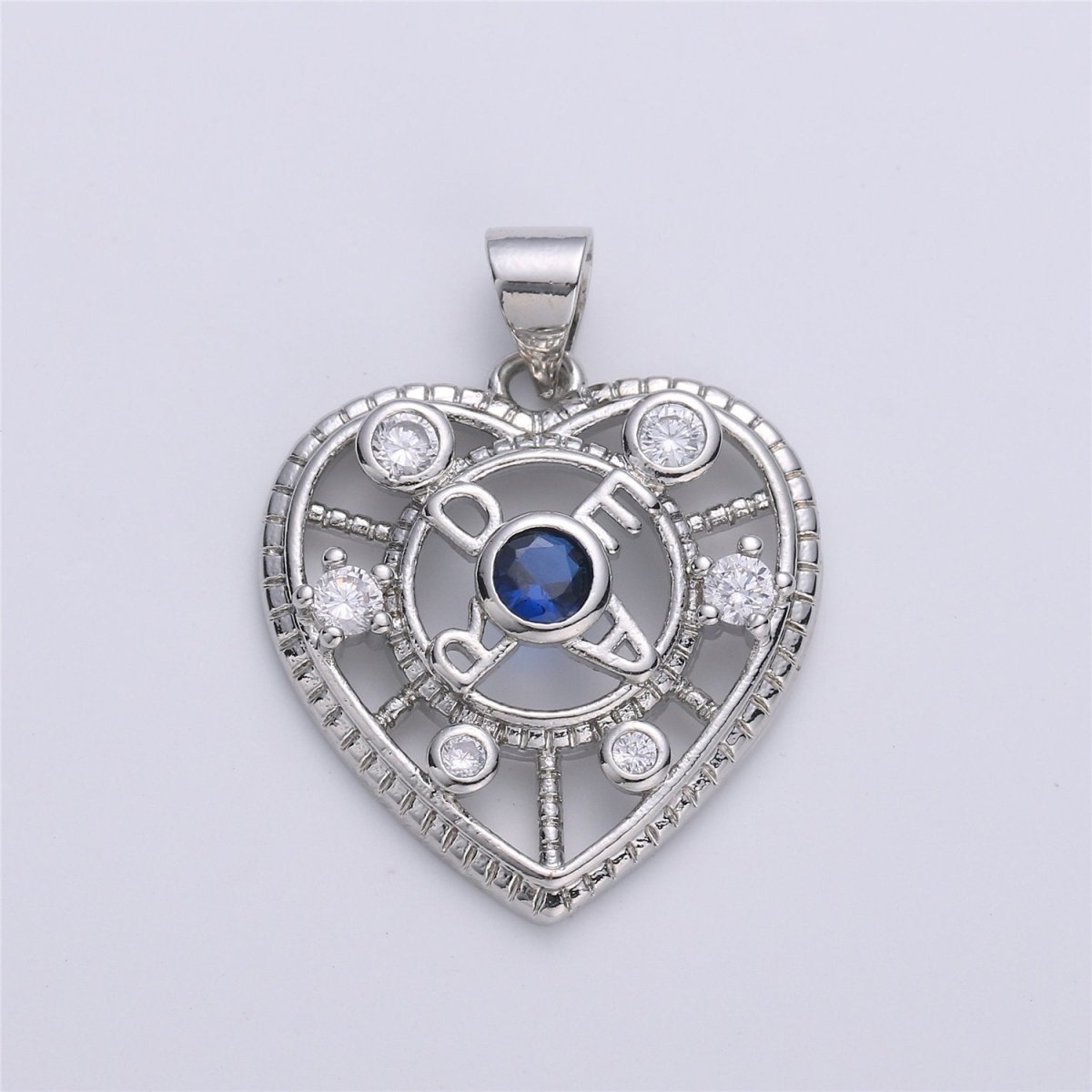 Silver Heart Charm, Micro Pave Pendant, Sapphire blue CZ Love Jewelry Supply I-606