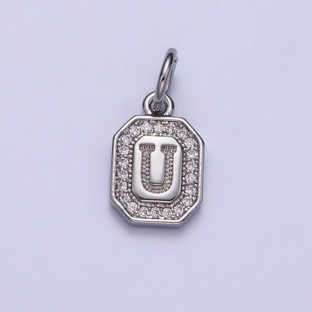 Silver Initial Letter A-Z Clear Micro Paved CZ Hexagonal Mini Charm | A-469-A-481