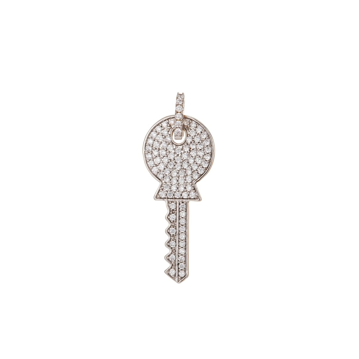 Silver Key Charm, Micro Pave CZ Charm, Rhodium Plated Pendant Dainty Diamond Key Necklace Charm for Jewelry Making I-197