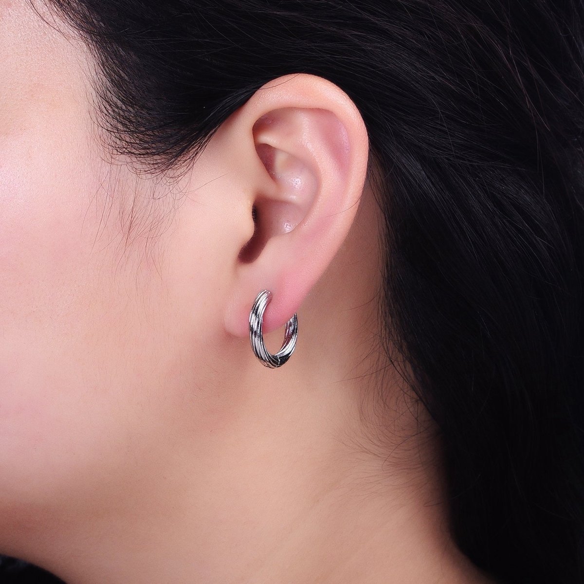 Silver Line-Textured Twisted 17mm Endless Hoop Earrings | AB820