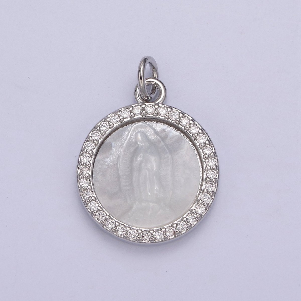Silver Mother of Pearl Virgin Mary, CZ Micro Pave Charm Pendant, Shell Virgin Mary Round Charm N-859