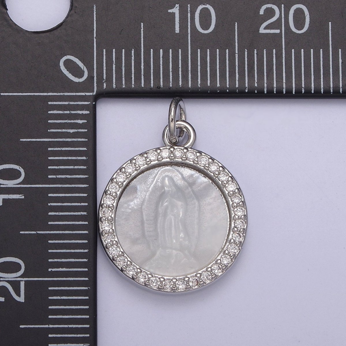 Silver Mother of Pearl Virgin Mary, CZ Micro Pave Charm Pendant, Shell Virgin Mary Round Charm N-859