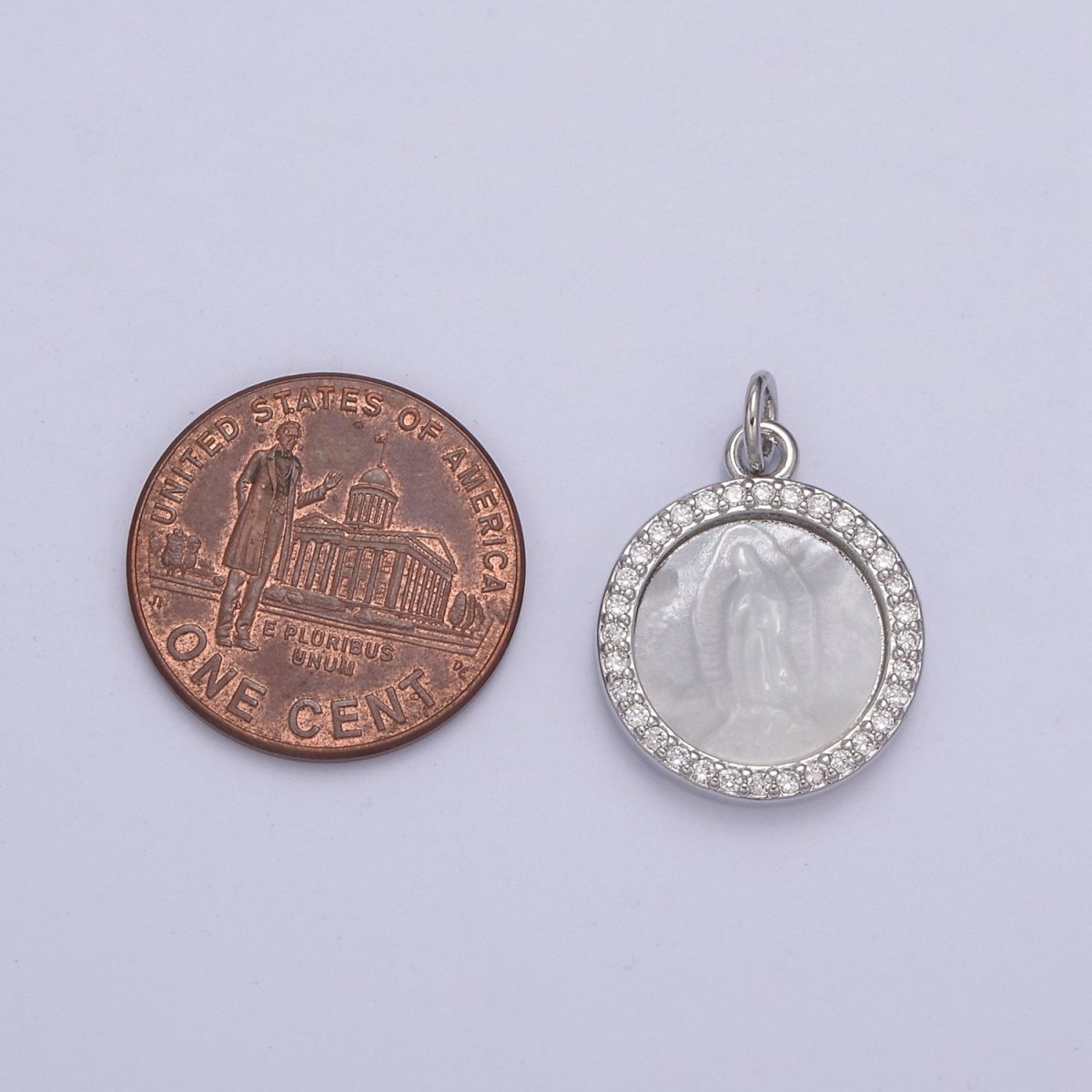 Silver Mother of Pearl Virgin Mary, CZ Micro Pave Charm Pendant, Shell Virgin Mary Round Charm N-859