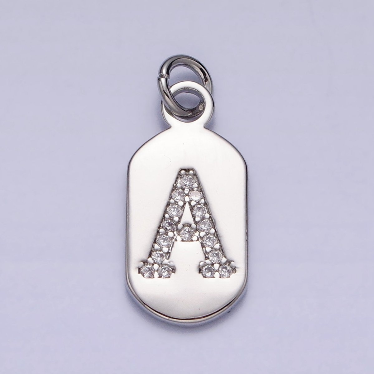 Silver Rectangular Tag CZ Clear Micro Paved Personalized Initial Alphabet Name Tag Charm | A-A1887-A-A1898