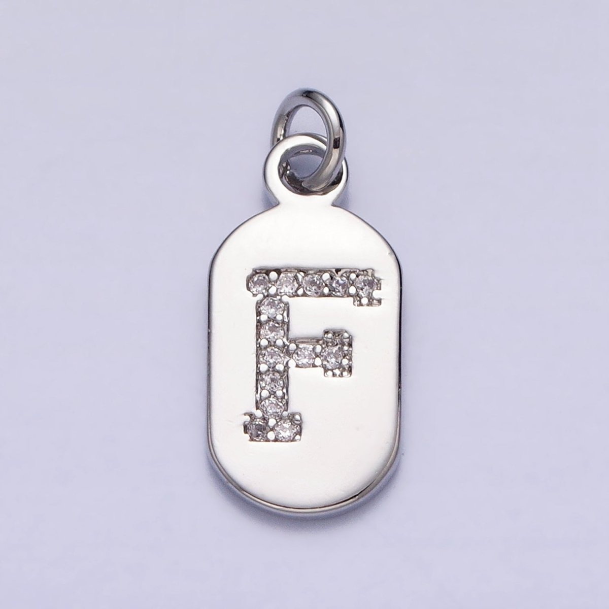 Silver Rectangular Tag CZ Clear Micro Paved Personalized Initial Alphabet Name Tag Charm | A-A1887-A-A1898