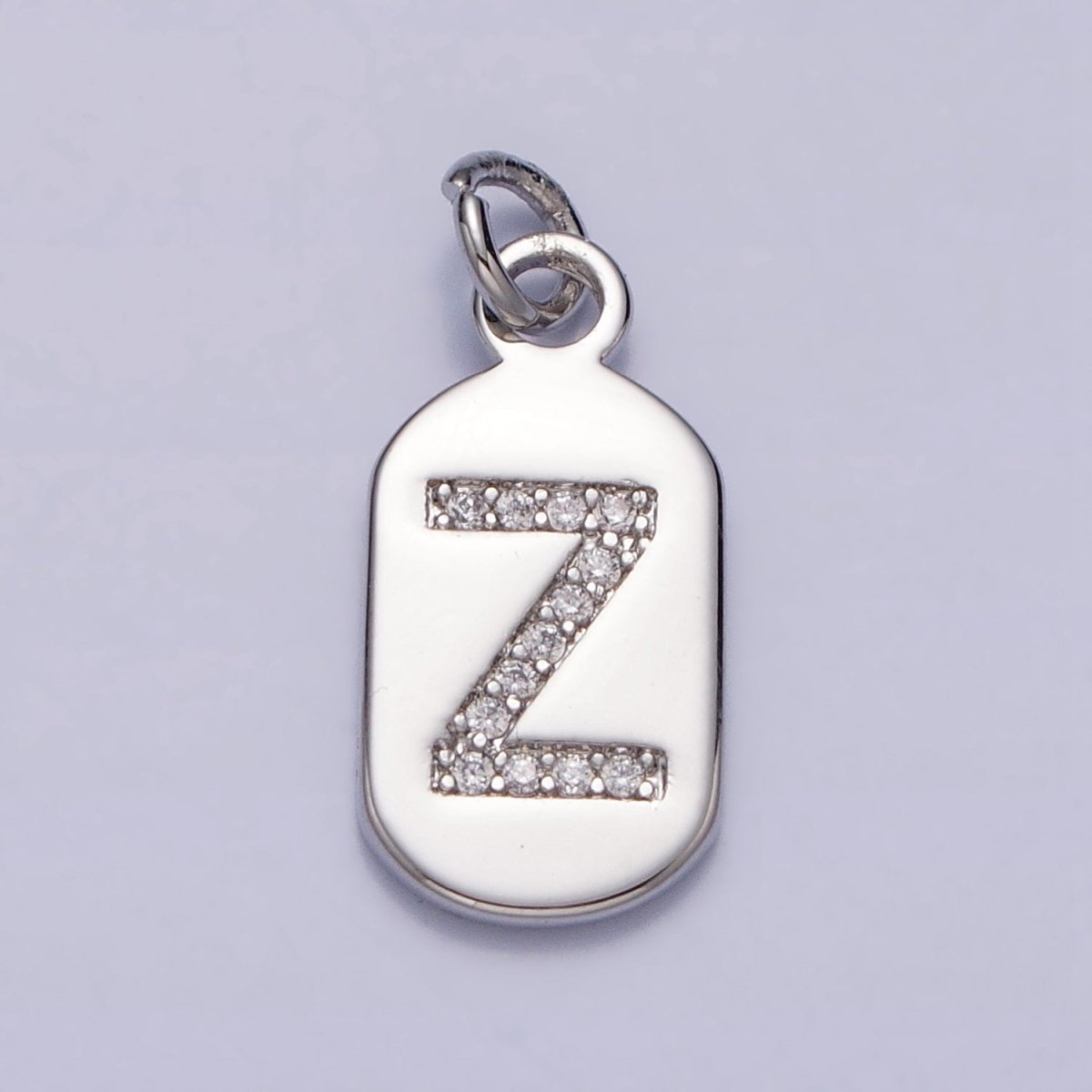 Silver Rectangular Tag CZ Clear Micro Paved Personalized Initial Alphabet Name Tag Charm | A-A1887-A-A1898