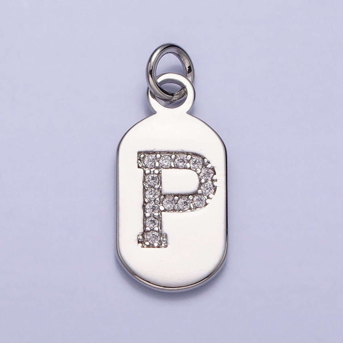 Silver Rectangular Tag CZ Clear Micro Paved Personalized Initial Alphabet Name Tag Charm | A-A1887-A-A1898